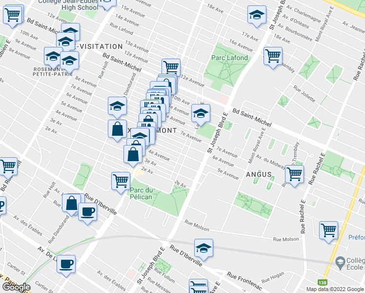 map of restaurants, bars, coffee shops, grocery stores, and more near 5124 6e Avenue in Montréal