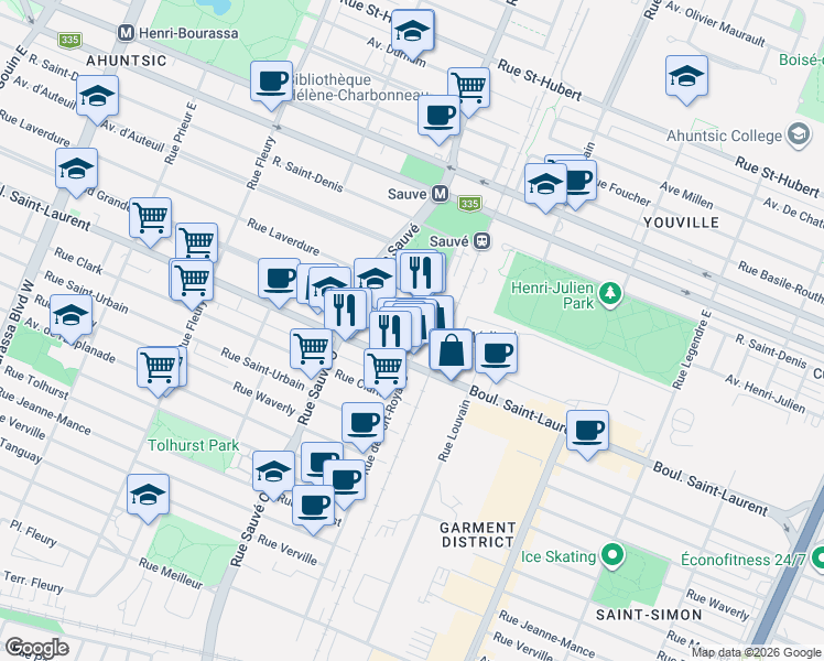 map of restaurants, bars, coffee shops, grocery stores, and more near 35 Rue de Port-Royal Est in Montréal