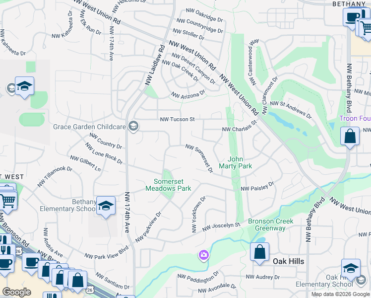 map of restaurants, bars, coffee shops, grocery stores, and more near 16870 Northwest Somerset Drive in Beaverton