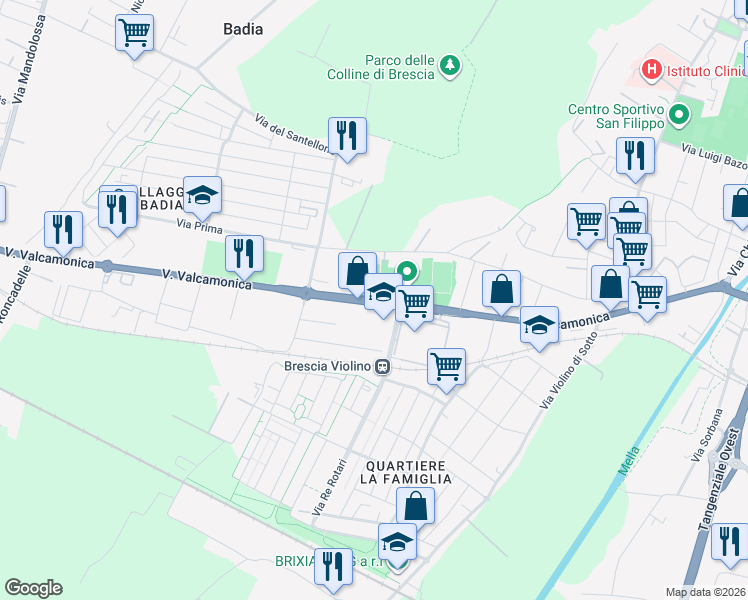 map of restaurants, bars, coffee shops, grocery stores, and more near 19f1 Via Valcamonica in Brescia