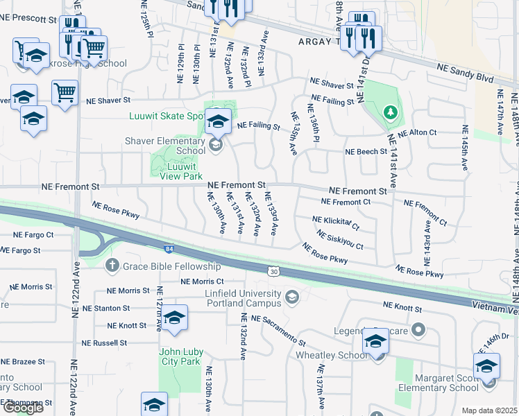 map of restaurants, bars, coffee shops, grocery stores, and more near 3320 Northeast 132nd Avenue in Portland