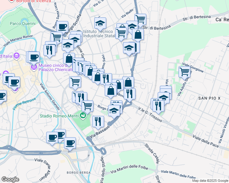 map of restaurants, bars, coffee shops, grocery stores, and more near 138-154 Corso Padova in Vicenza