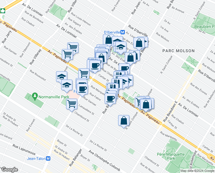 map of restaurants, bars, coffee shops, grocery stores, and more near 7005 Avenue Papineau in Montréal