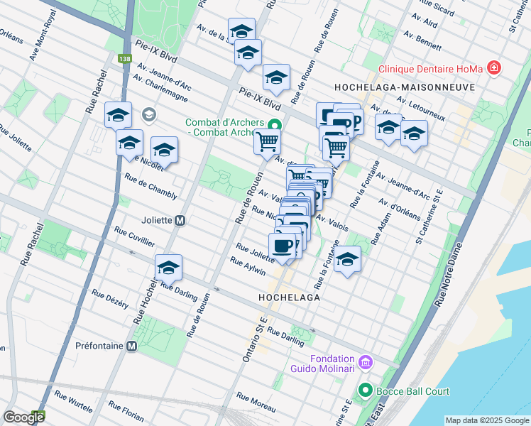 map of restaurants, bars, coffee shops, grocery stores, and more near Rue Nicolet in Montréal