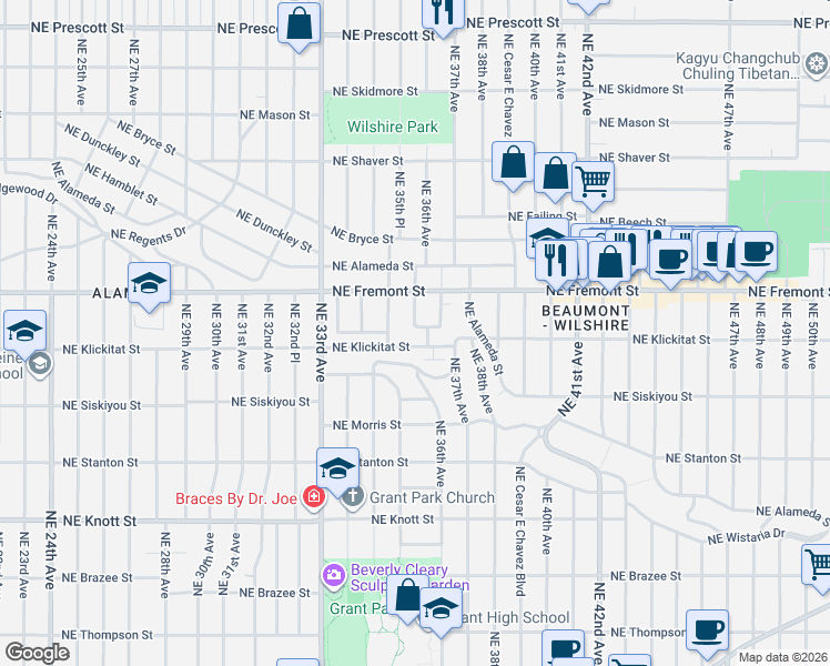 map of restaurants, bars, coffee shops, grocery stores, and more near 3550 Northeast Maltby Street in Portland