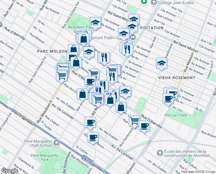 map of restaurants, bars, coffee shops, grocery stores, and more near 2549 Boulevard Rosemont in Montréal