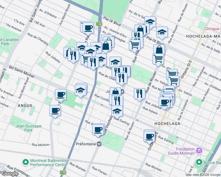 map of restaurants, bars, coffee shops, grocery stores, and more near 2580 Rue Joliette in Montréal