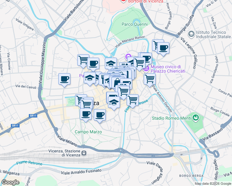 map of restaurants, bars, coffee shops, grocery stores, and more near 12 Contrà Camillo Benso Cavour in Vicenza
