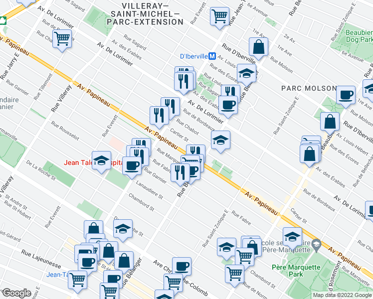 map of restaurants, bars, coffee shops, grocery stores, and more near 7003 Avenue Papineau in Montréal