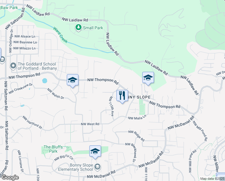 map of restaurants, bars, coffee shops, grocery stores, and more near 11589 Northwest Permian Drive in Portland