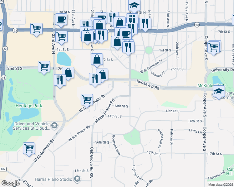 map of restaurants, bars, coffee shops, grocery stores, and more near 2680 West Saint Germain Street in St. Cloud