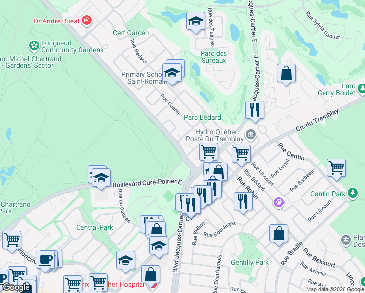 map of restaurants, bars, coffee shops, grocery stores, and more near 2051 Boulevard Jean-Paul-Vincent in Longueuil