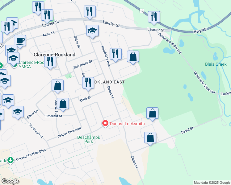 map of restaurants, bars, coffee shops, grocery stores, and more near 1265b Caron Street in Clarence-Rockland