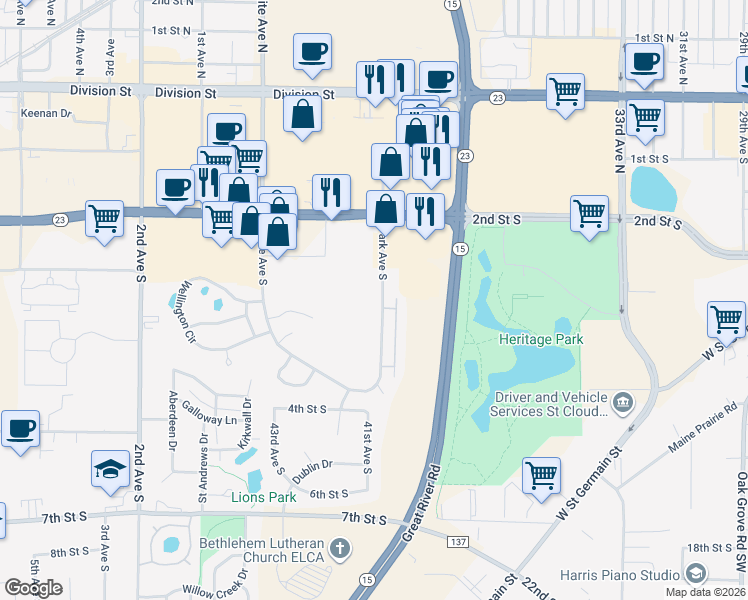 map of restaurants, bars, coffee shops, grocery stores, and more near 245 Park Avenue South in St. Cloud