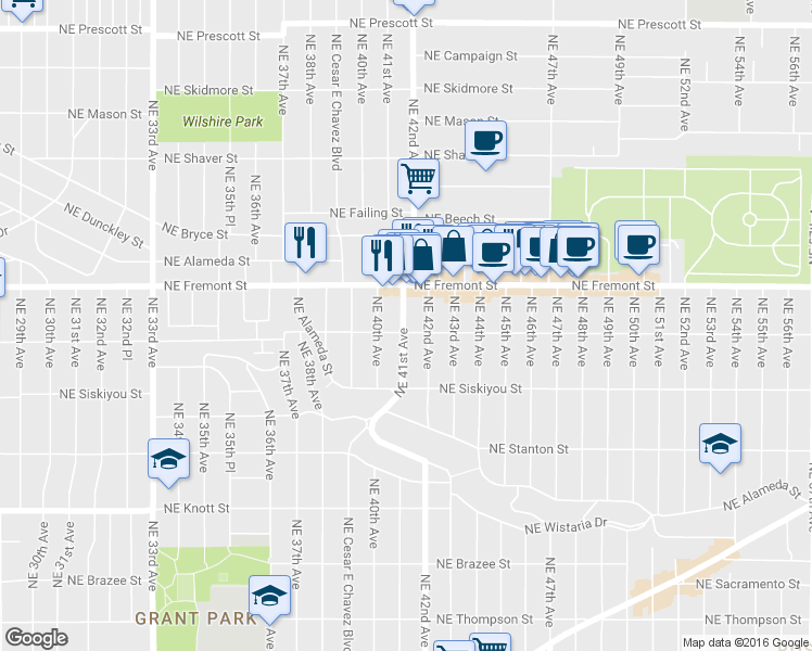 map of restaurants, bars, coffee shops, grocery stores, and more near 3334 Northeast 41st Avenue in Portland
