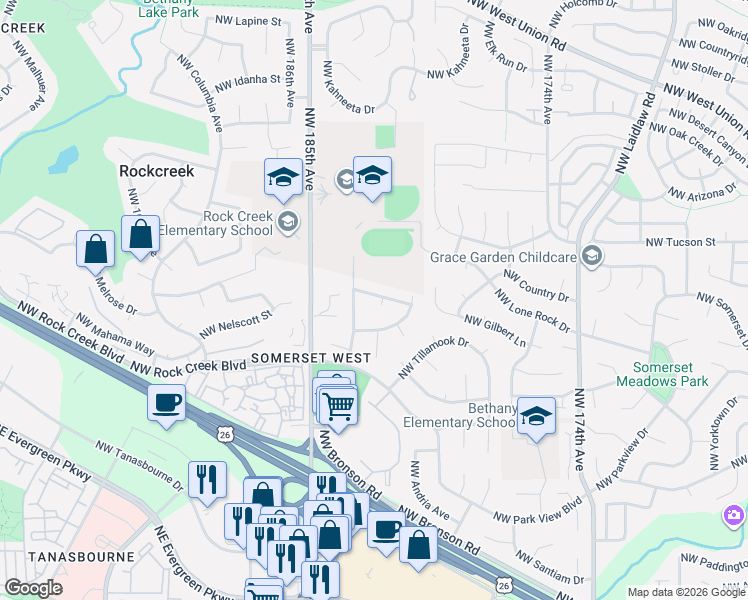 map of restaurants, bars, coffee shops, grocery stores, and more near 18200 Northwest Corinthian Street in Portland