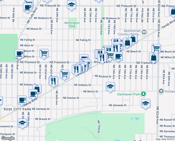 map of restaurants, bars, coffee shops, grocery stores, and more near 6852 Northeast Sandy Boulevard in Portland