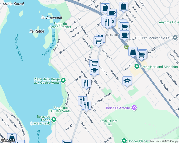 map of restaurants, bars, coffee shops, grocery stores, and more near 3025 Avenue 27e in Laval