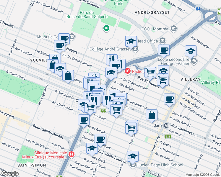 map of restaurants, bars, coffee shops, grocery stores, and more near 8634 Rue Foucher in Montréal
