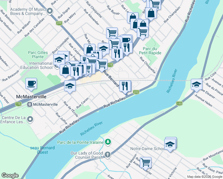 map of restaurants, bars, coffee shops, grocery stores, and more near Rue Comtois in McMasterville