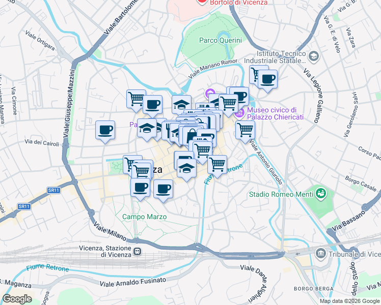 map of restaurants, bars, coffee shops, grocery stores, and more near 12 Contrà Camillo Benso Cavour in Vicenza