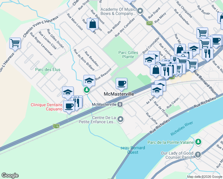 map of restaurants, bars, coffee shops, grocery stores, and more near 830 Rue Tétreault in McMasterville