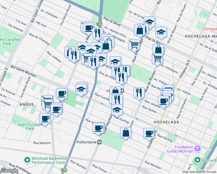 map of restaurants, bars, coffee shops, grocery stores, and more near 2600 Rue Joliette in Montréal