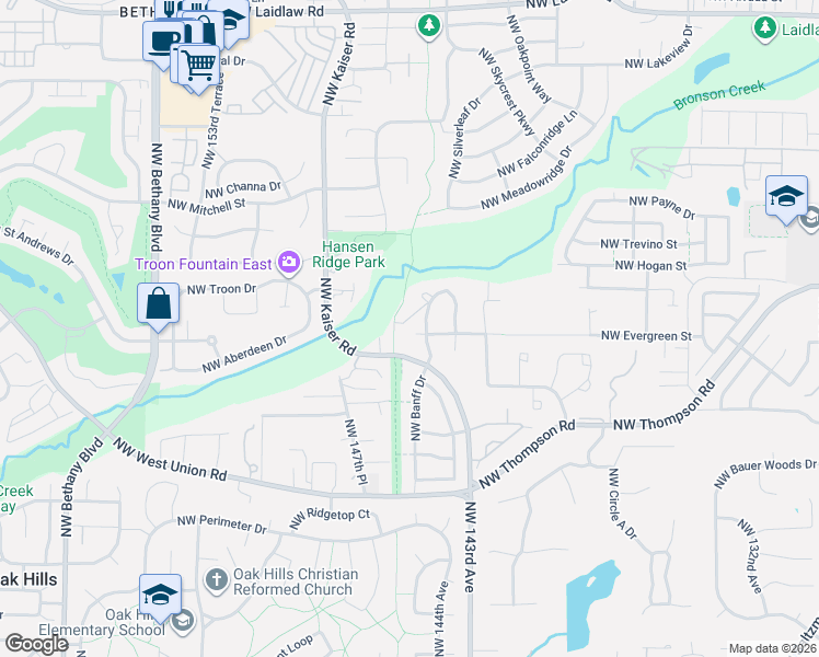map of restaurants, bars, coffee shops, grocery stores, and more near 14573 Northwest Evergreen Street in Portland