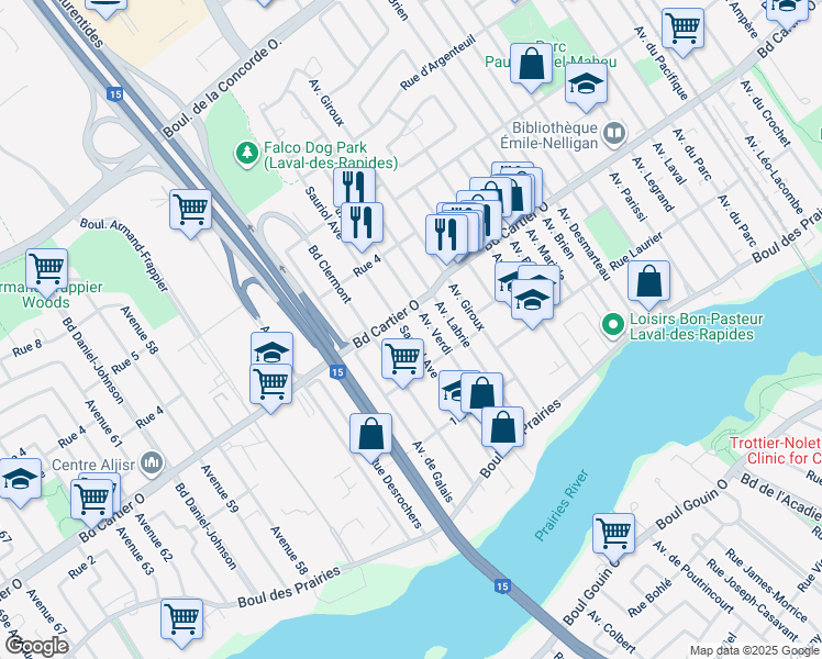 map of restaurants, bars, coffee shops, grocery stores, and more near 55 Avenue Sauriol in Laval