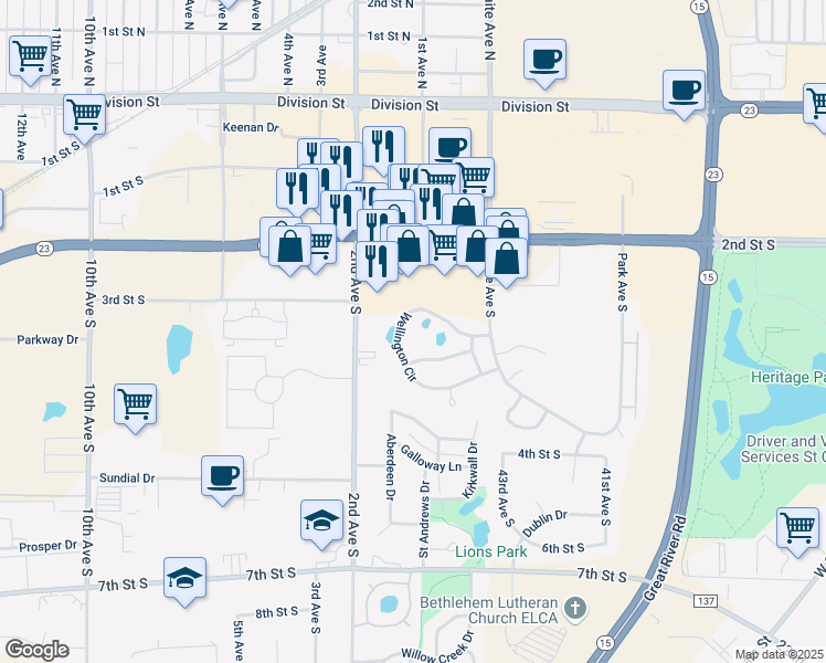 map of restaurants, bars, coffee shops, grocery stores, and more near 100 Wellington Circle in Waite Park