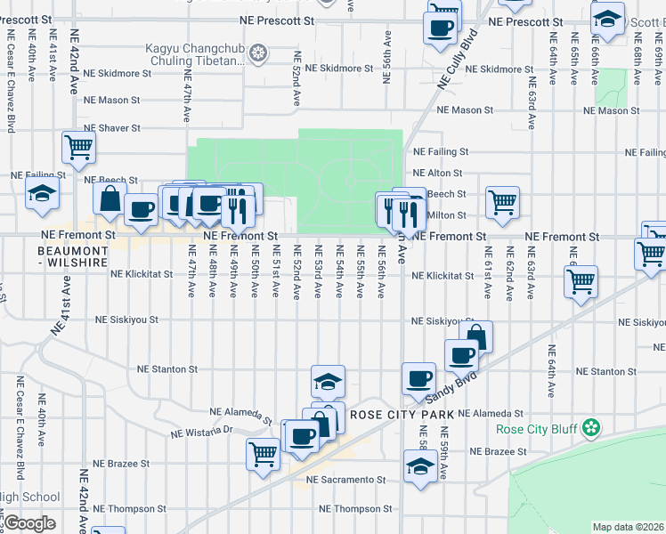 map of restaurants, bars, coffee shops, grocery stores, and more near 3334 Northeast 53rd Avenue in Portland