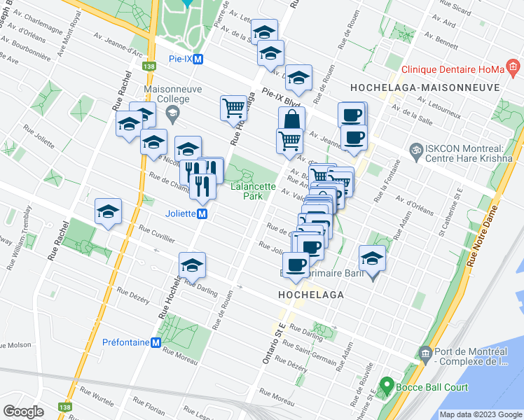 map of restaurants, bars, coffee shops, grocery stores, and more near 3689 Rue de Rouen in Montréal