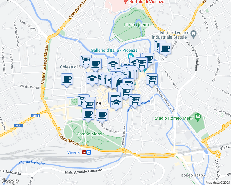 map of restaurants, bars, coffee shops, grocery stores, and more near 12 Contrà Camillo Benso Cavour in Vicenza