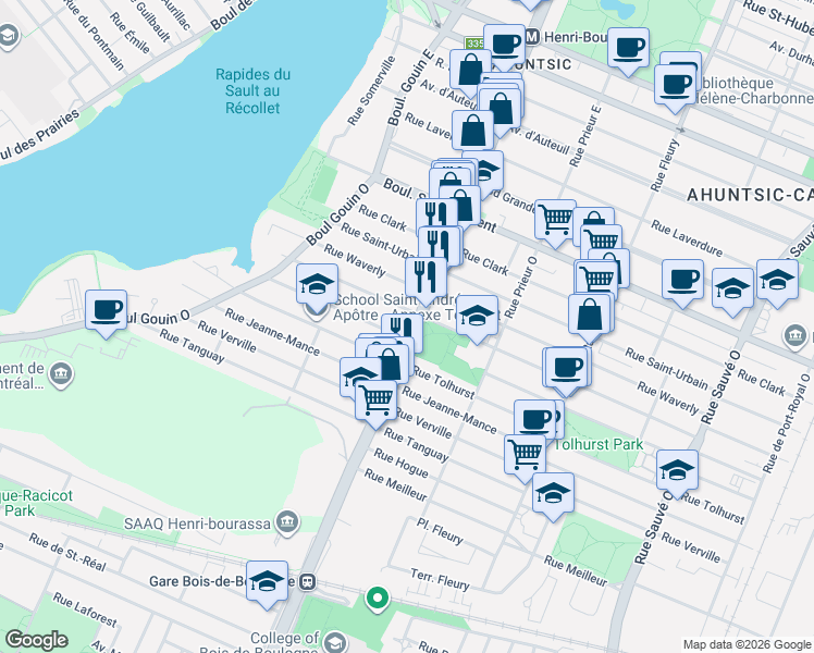 map of restaurants, bars, coffee shops, grocery stores, and more near 205 Henri Bourassa Boulevard West in Montreal