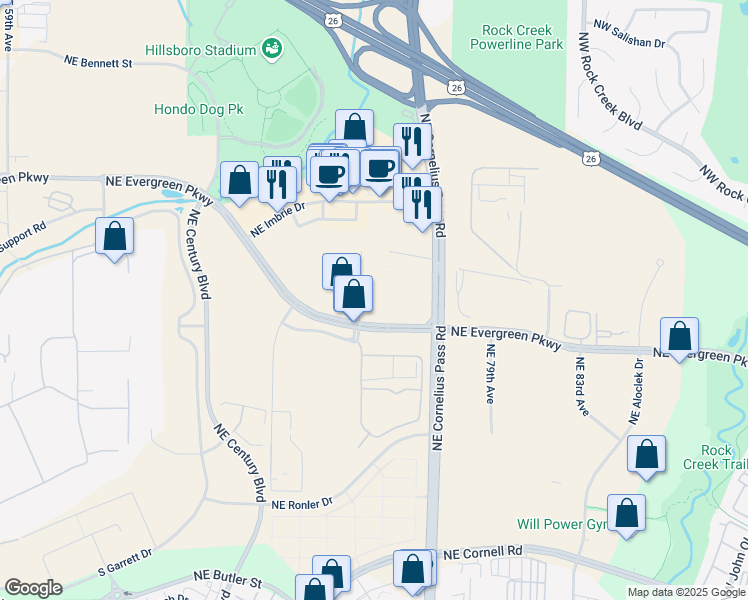map of restaurants, bars, coffee shops, grocery stores, and more near 7345-7367 NW Evergreen Pkwy in Hillsboro