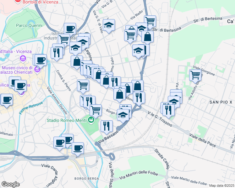 map of restaurants, bars, coffee shops, grocery stores, and more near 154 Corso Padova in Vicenza