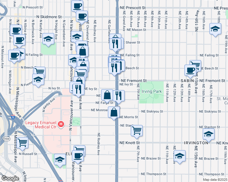 map of restaurants, bars, coffee shops, grocery stores, and more near 301 Northeast Ivy Street in Portland