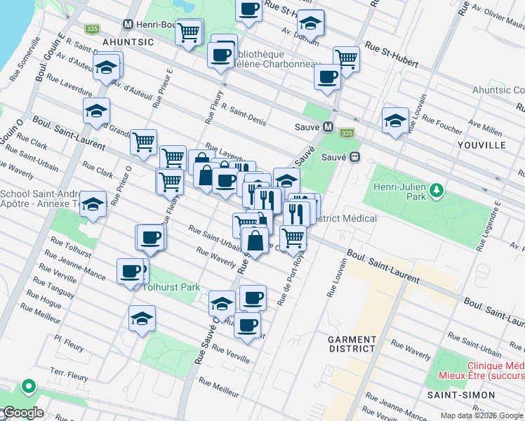 map of restaurants, bars, coffee shops, grocery stores, and more near 9803 Boulevard Saint-Laurent in Montréal