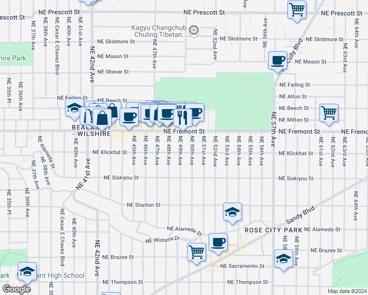 map of restaurants, bars, coffee shops, grocery stores, and more near 3314 Northeast 49th Avenue in Portland