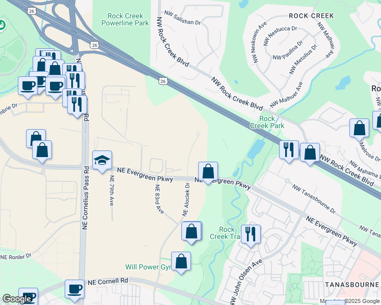 map of restaurants, bars, coffee shops, grocery stores, and more near 3825 Northwest Aloclek Place in Hillsboro