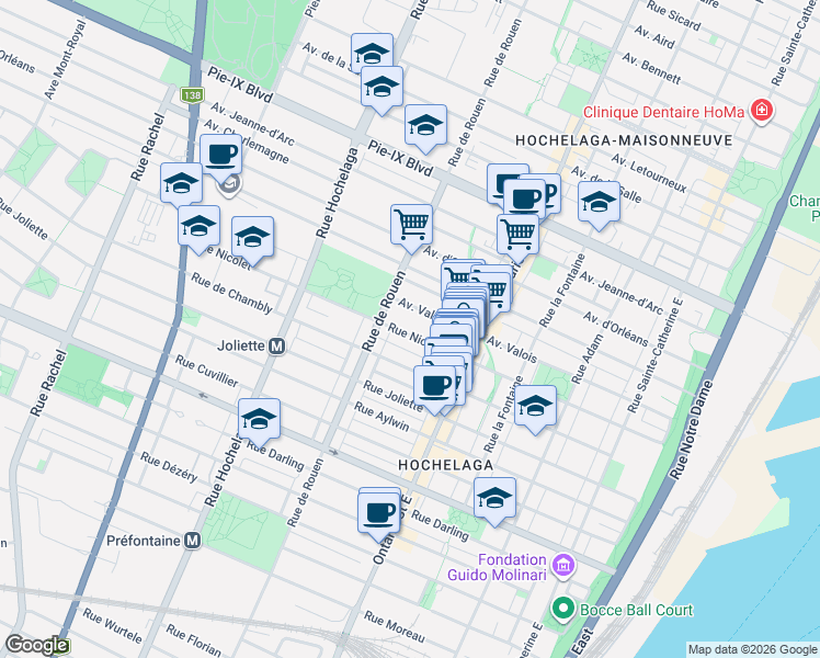 map of restaurants, bars, coffee shops, grocery stores, and more near 2155 Rue Nicolet in Montréal