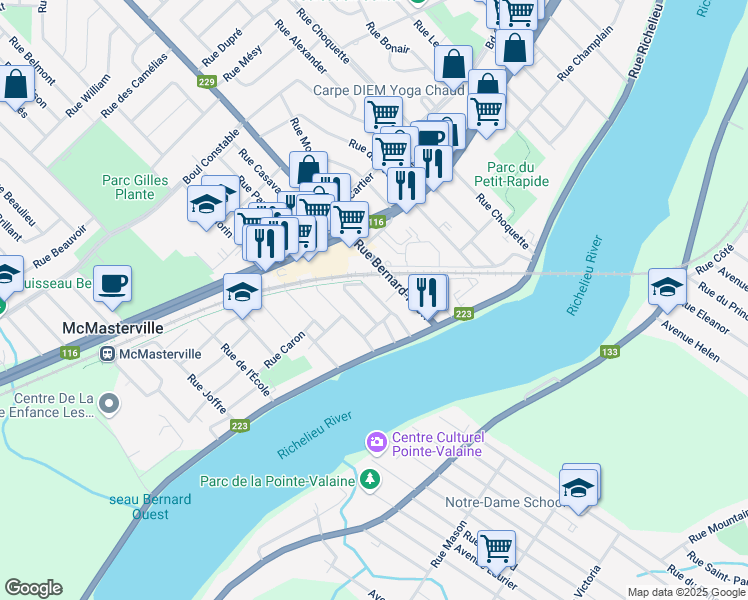 map of restaurants, bars, coffee shops, grocery stores, and more near 102 Rue Comtois in McMasterville