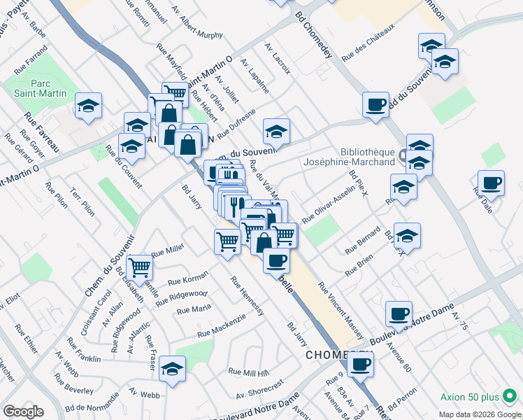 map of restaurants, bars, coffee shops, grocery stores, and more near 1293 Rue Antonio in Laval