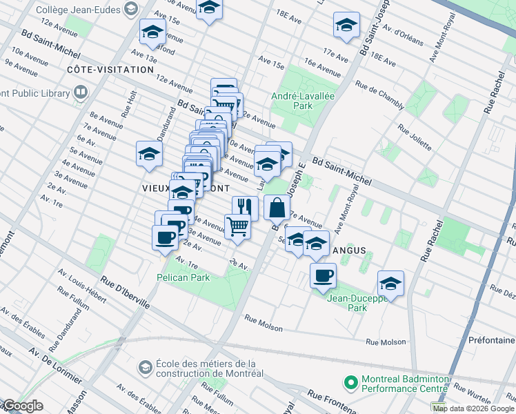map of restaurants, bars, coffee shops, grocery stores, and more near 2942 Avenue Laurier Est in Montréal