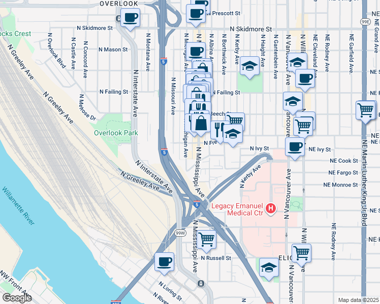 map of restaurants, bars, coffee shops, grocery stores, and more near 3309 North Mississippi Avenue in Portland