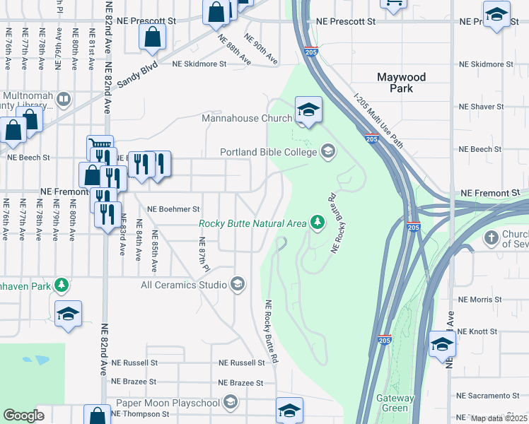 map of restaurants, bars, coffee shops, grocery stores, and more near 3431 Northeast 92nd Avenue in Portland