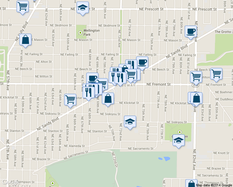 map of restaurants, bars, coffee shops, grocery stores, and more near 3417 Northeast 72nd Avenue in Portland