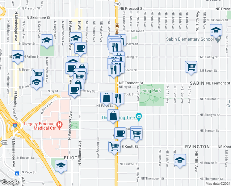map of restaurants, bars, coffee shops, grocery stores, and more near 427 Northeast Cook Street in Portland