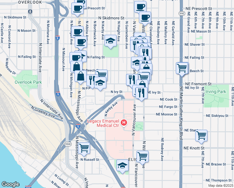 map of restaurants, bars, coffee shops, grocery stores, and more near 333 North Ivy Street in Portland