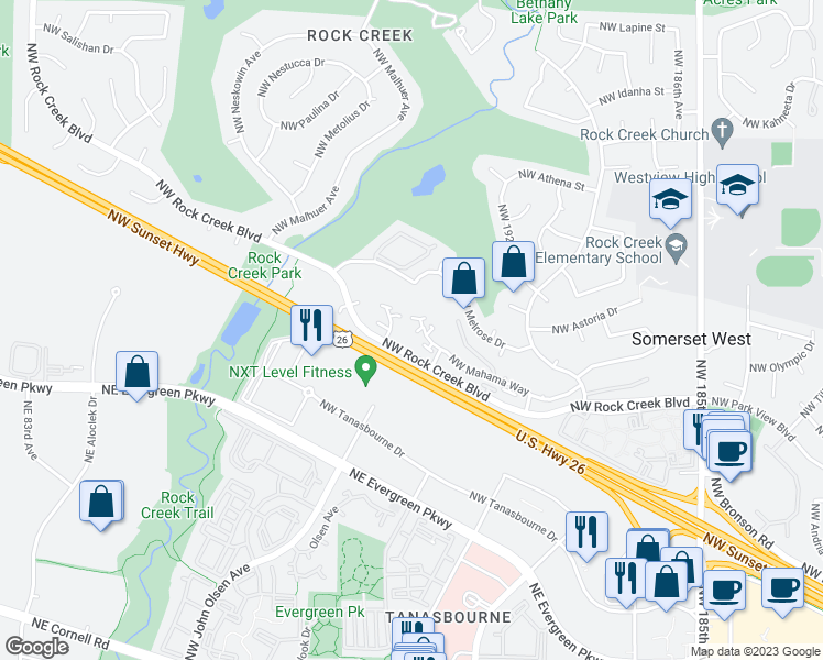map of restaurants, bars, coffee shops, grocery stores, and more near 19562 Northwest Mahama Place in Portland